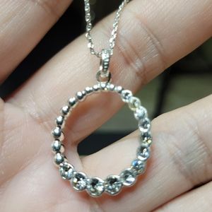 Icy Rhinestone Circle Pendant with 16" Long Silver Tone Chain Costume Jewelry